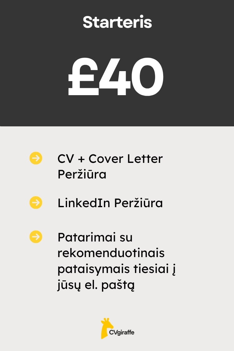 CVgiraffe Starteris - CV, Cover Letter ir LinkedIn Vertinimas ir Rekomendacijos
